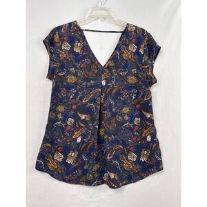 DR2 Paisley V-Neck Blouse Womens Medium Navy Cap Sleeve Flowy Classic